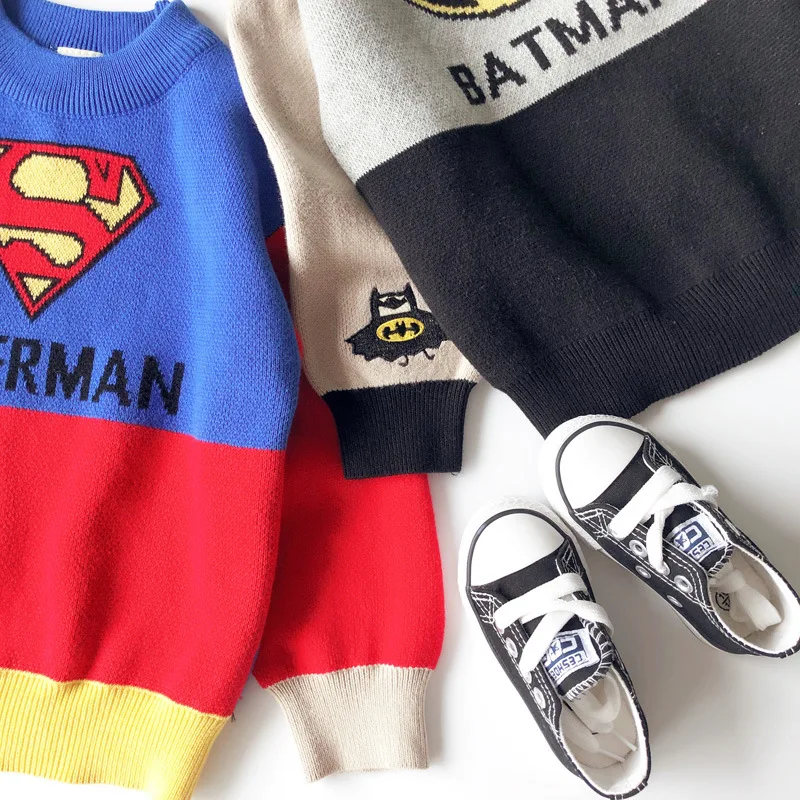 INS/Лидер продаж; свитер для мальчиков; коллекция года; сезон осень; стиль; Детский свитер свободного кроя с изображением Капитана Америки и супермена в западном стиле