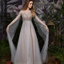 Сексуальное платье для выпускного вечера с длинными рукавами до пола ТРАПЕЦИЕВИДНОЕ ПЛАТЬЕ с кристаллами и бисером