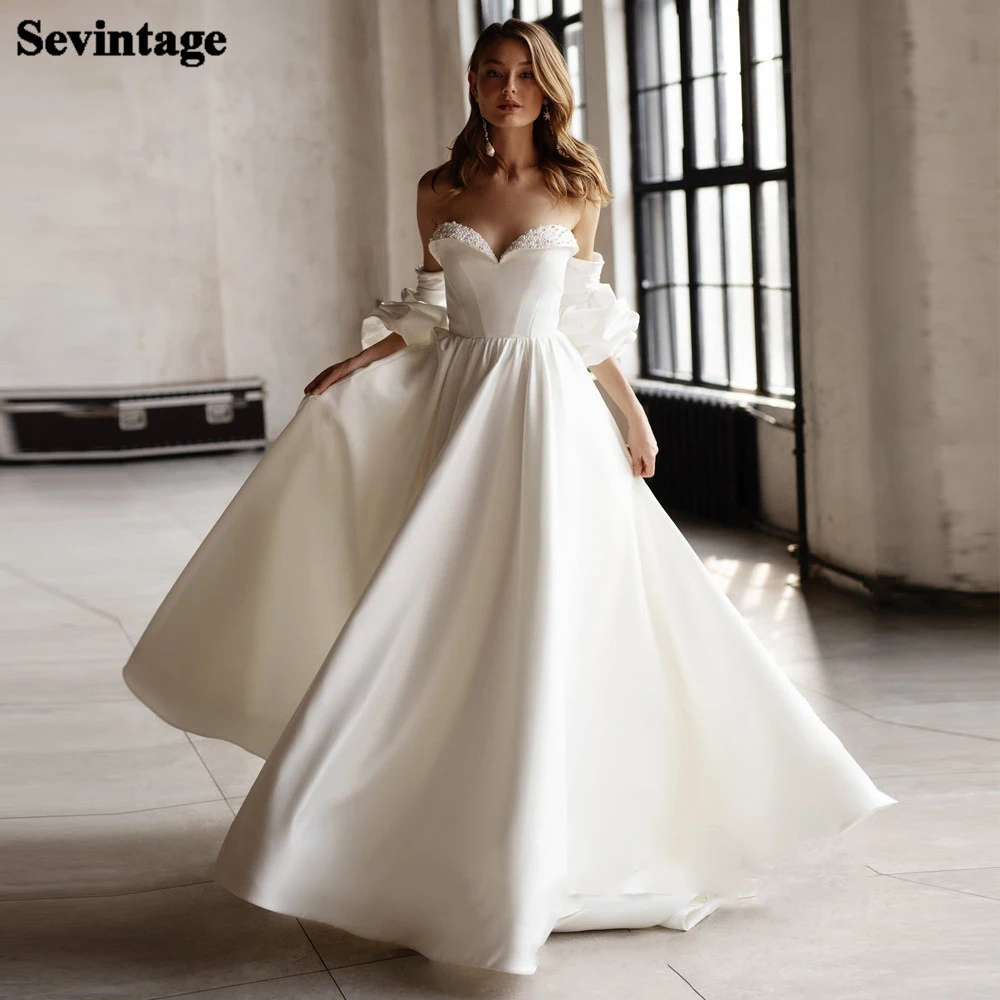 

Removable Puff Sleeves Satin Wedding Dresses Pearls Beach Lacing Back Bride Dress A-Line Princess Party Gowns Plus Size