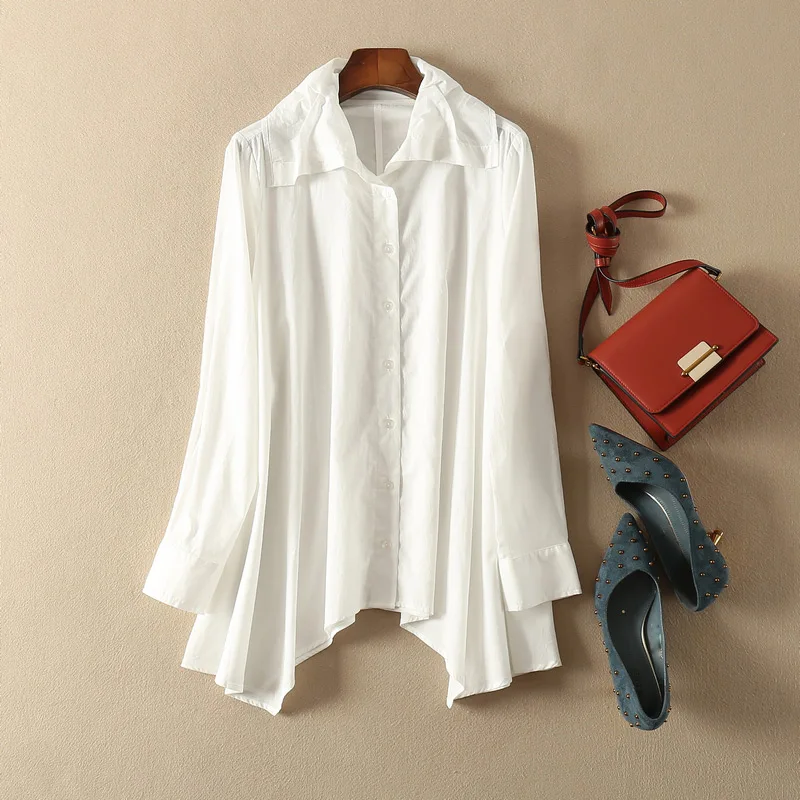 

Cotton 100% Women Long Sleeve Blouse Shirt Top Features Big Lapel Collar & Irregular Hem - Fall 2019 New Ladies Stylish Tops