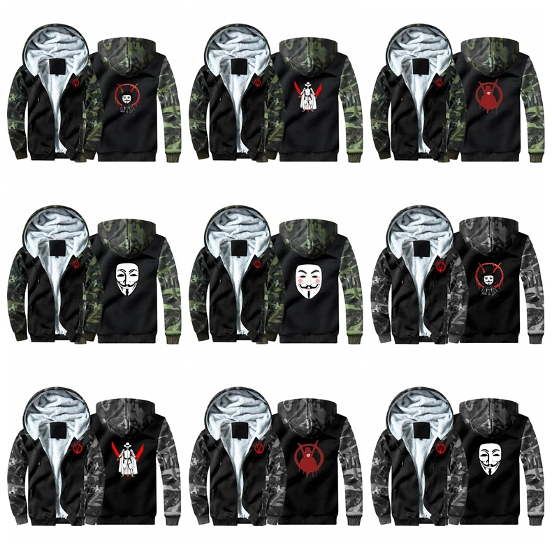V for Vendetta камуфляжные толстовки с капюшоном, зимние Утепленные Пальто с капюшоном, костюм для косплея, теплая одежда для мужчин и женщин