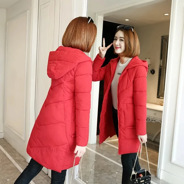Winter Hooded Thick Warm Jacket Women Casual Cotton Padded Mid Length Coats Korean Snow Wear Overcoats Solid Parka Outwears New red