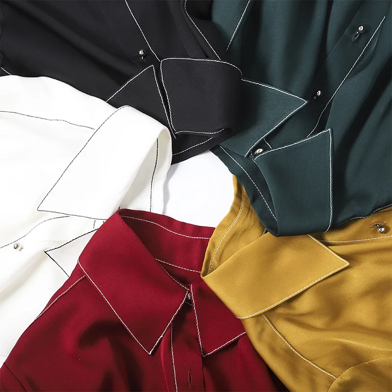 

Shirt Women 23mm Heavy Silk Stretch Double Joe White Shirt Spring 2020 Fashion Contrast Color Red Black Long Sleeve Shirt Solid