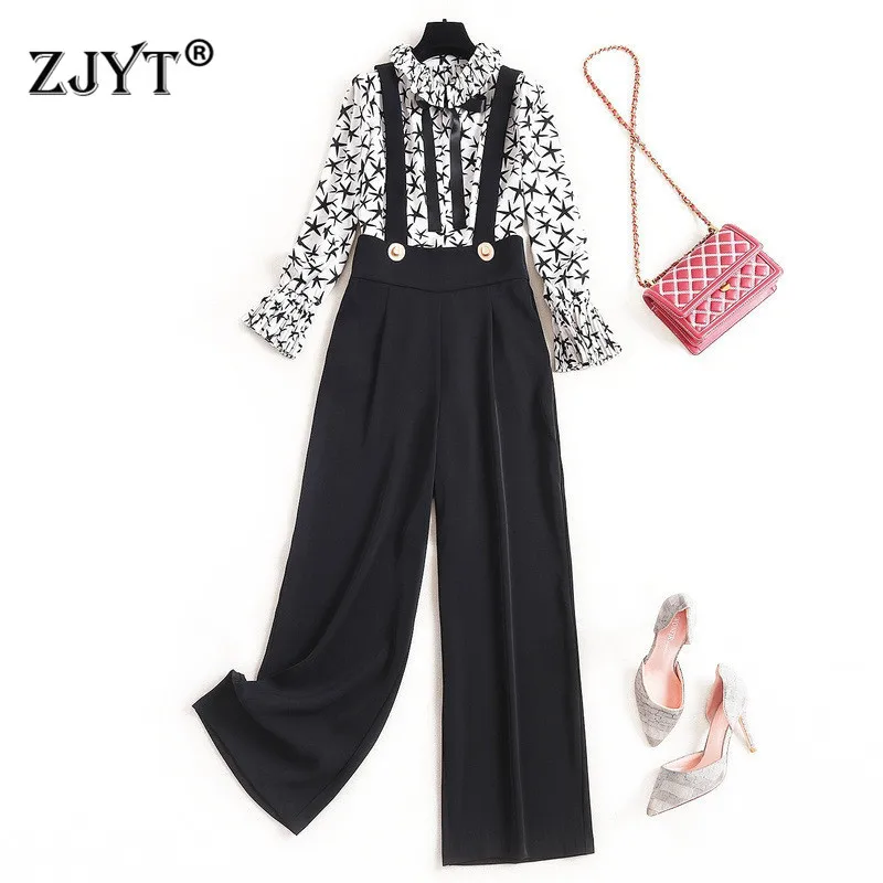

2020 New Spring Lady Office Pants 2Piece Set Elegant Designer Flare Sleeve Print Chiffon Blouse and Pants Suit Set OL Outfits