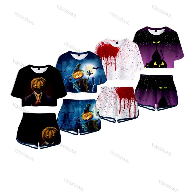 

2020 New Happy Halloween 3d Print Pumpkin Short-sleeved T-shirt Shorts Suit Women's Casual Two-piece Sets Sports Clothing