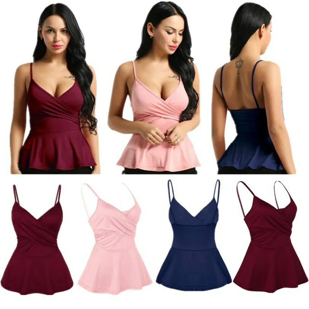 Pleated Spaghetti Strap Sexy Solid Summer Chic Tank Top Fashion Deep V Neck Front Wrap Flared Daily Polyester