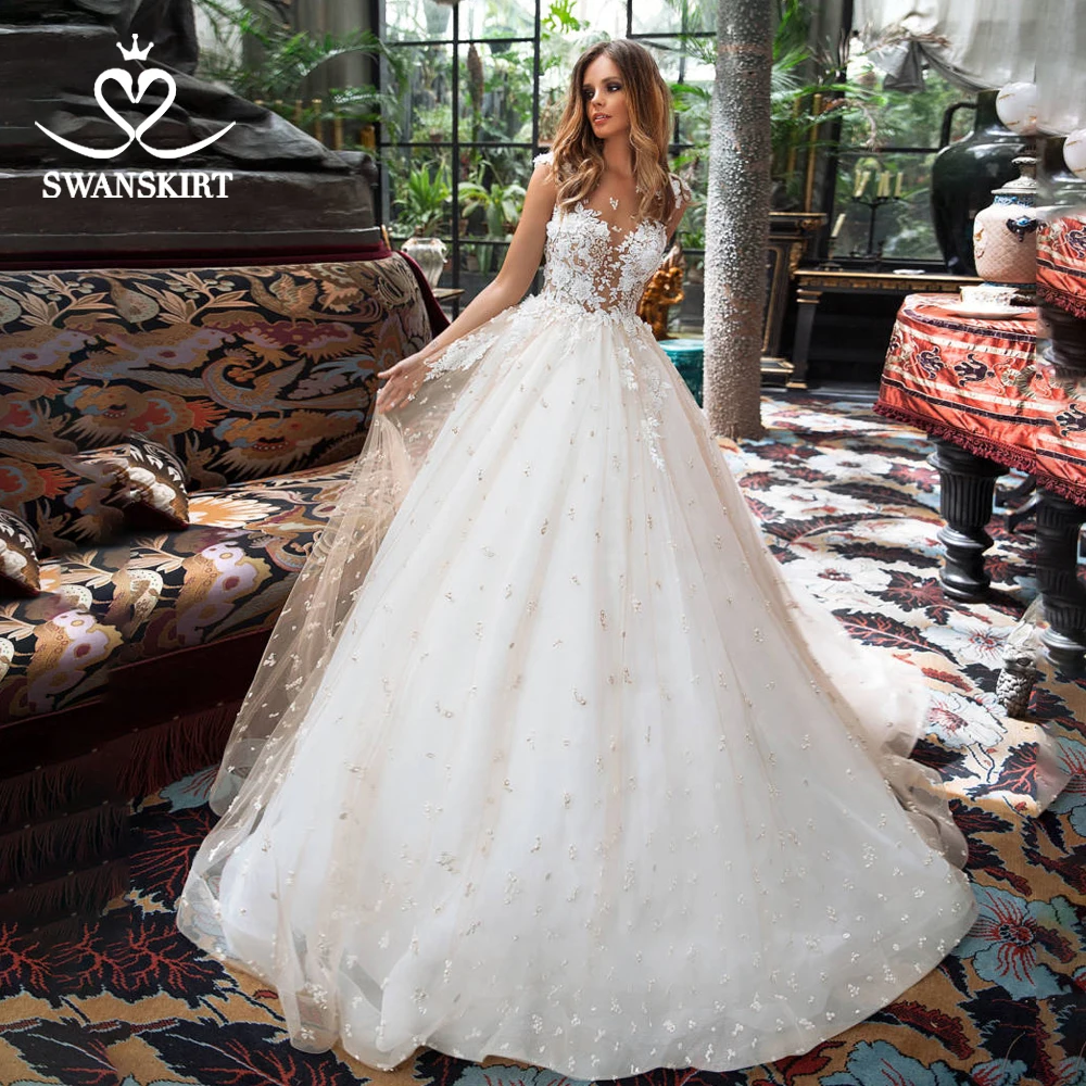 Сказочные цветы свадебное платье Swanskirt I189 аппликации бисером трапециевидной формы открытая спина кружева принцесса свадебное платье Иллюзия Vestido de Noiva