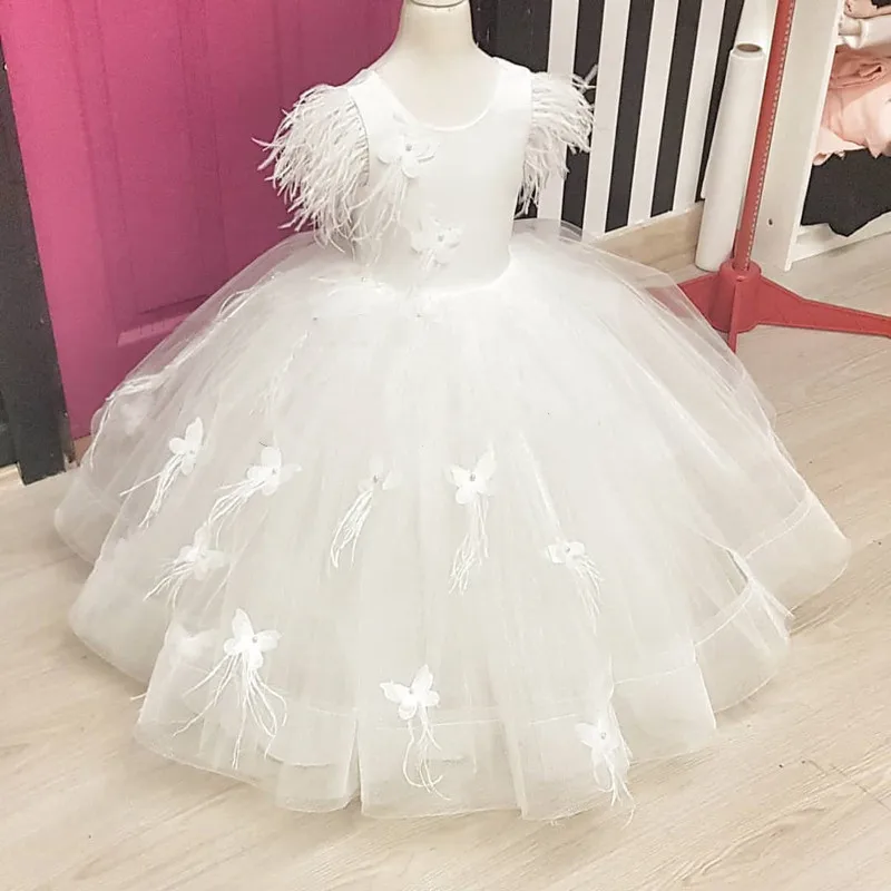 

New Ivory Tulle Flower Girls Dresses Birthday Party Gown O Neck Ball Gown Children Prom Dress for Girls