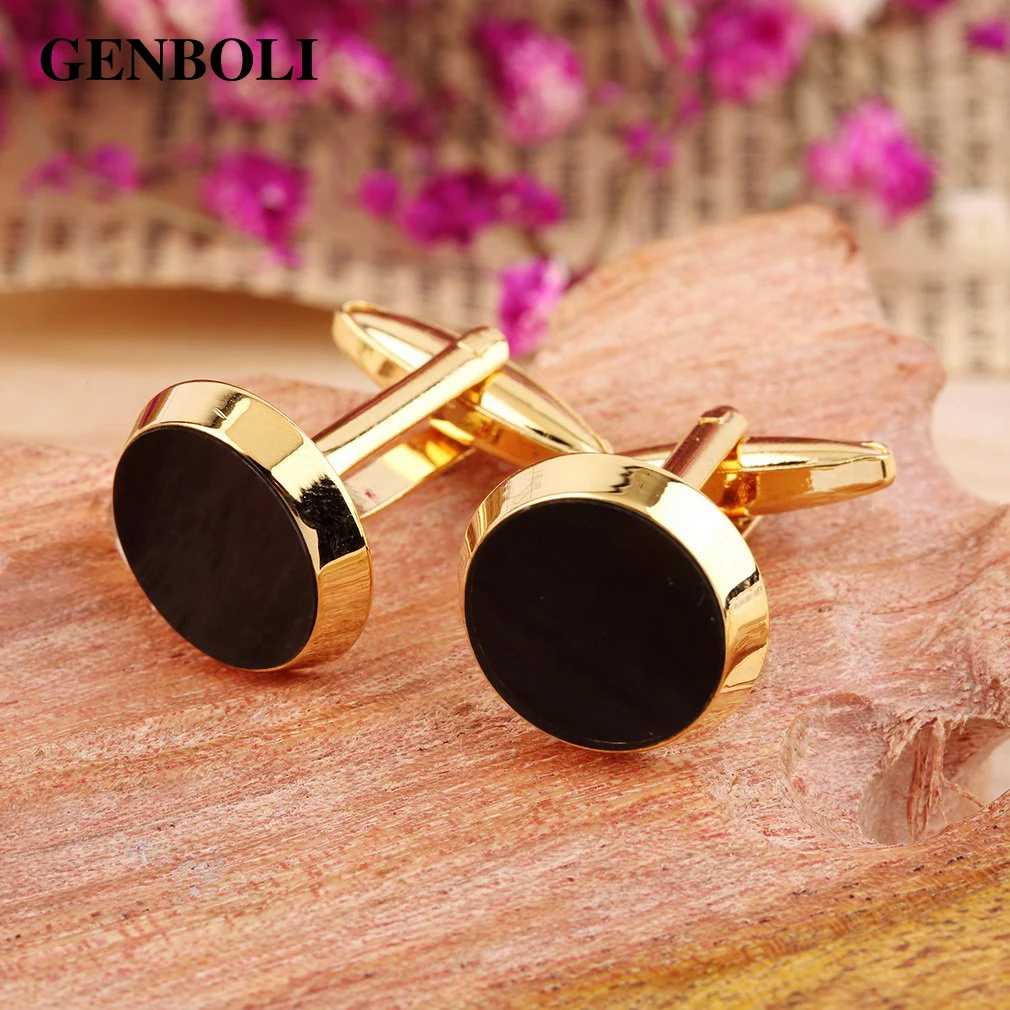 GENBOLI 2pcs/set Gold&Black Color Round Mens Wedding Party Gift Shirt Cuff Links Cufflinks Drop Shipping Wedding Accessories A35