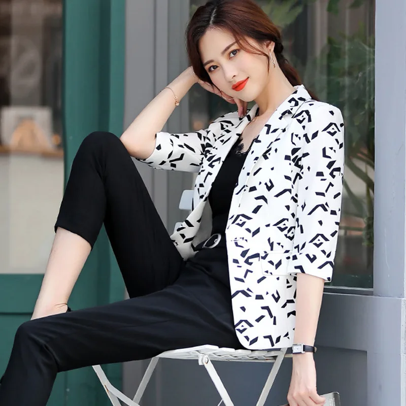 

White Suit Jacket Women's Korean-style 2019 Spring Clothing New Style Elegant Slim Fit Slimming Short Printed Suit Tops