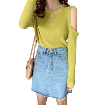 

NORMOV Sexy Strapless Knitted Sweater Women Solid Color O-Neck Long Sleeve Pullovers Sweater Female Spring Autumn Slim Sweater
