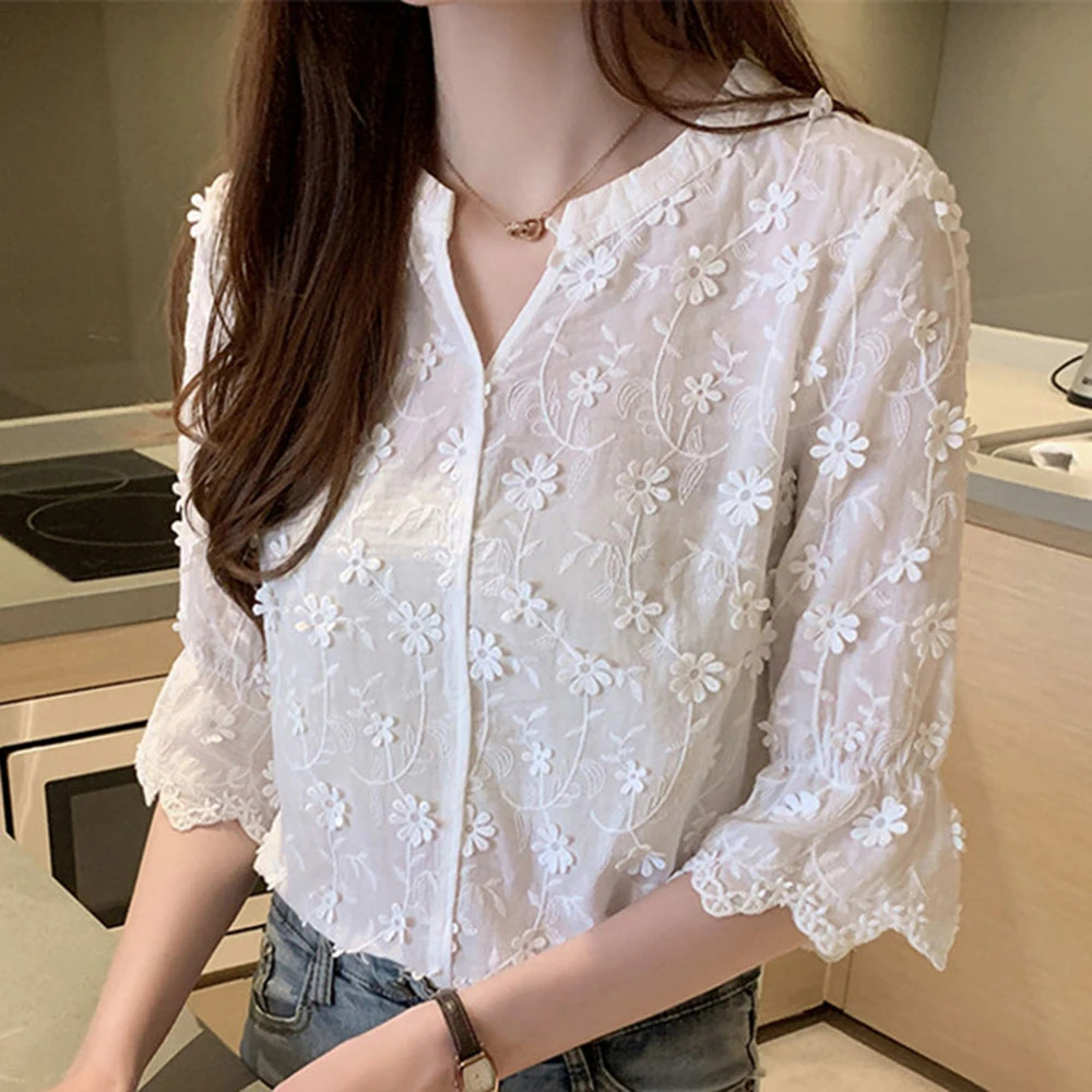 Girls Sweet Pure White Blouse Summer Fashion Flowers Embroidery Women Shirt  Designer Korean Japanese Style Ol Tops Minimalist - Blouses & Shirts -  AliExpress