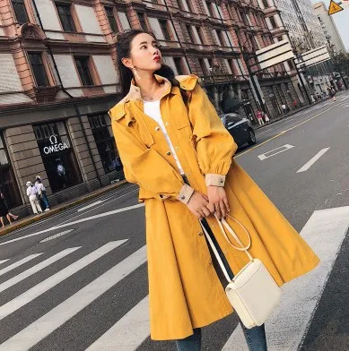 

Photo Shoot Hong Kong Style Drawstring Waist Hugging Flounced Trench Coat WOMEN'S Dress Contrast Color Fold-down Collar Deconstr