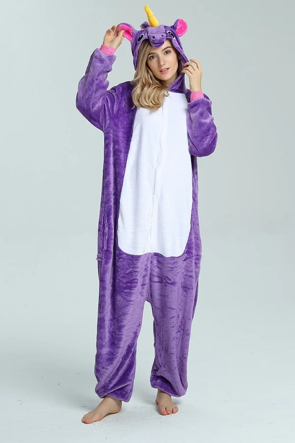 Кегуруми Единорог пижамы костюм для взрослых зима женщина мужчины мультфильм животных Единорог фланелевая стежка с капюшоном пижамы Onesi - Цвет: Purple unicorn