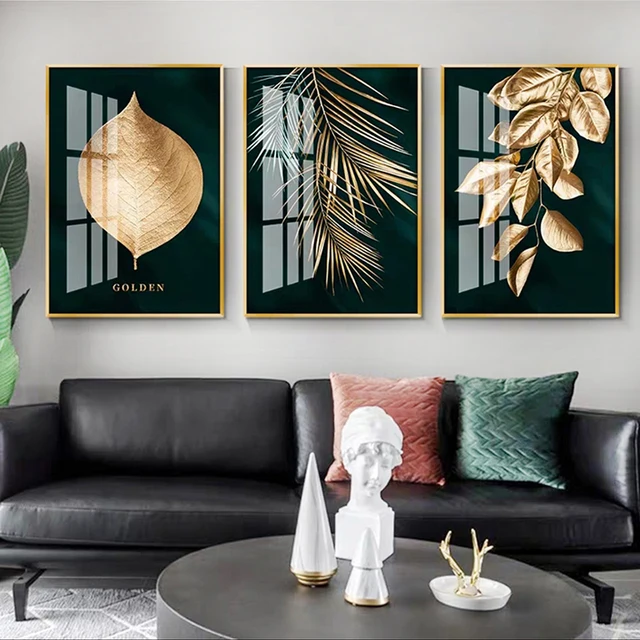Golden Plant Leaves Abstract Picture Wall Poster Modern Style Canvas Print Art Painting for Aisle Living Room Unique Decoration 1