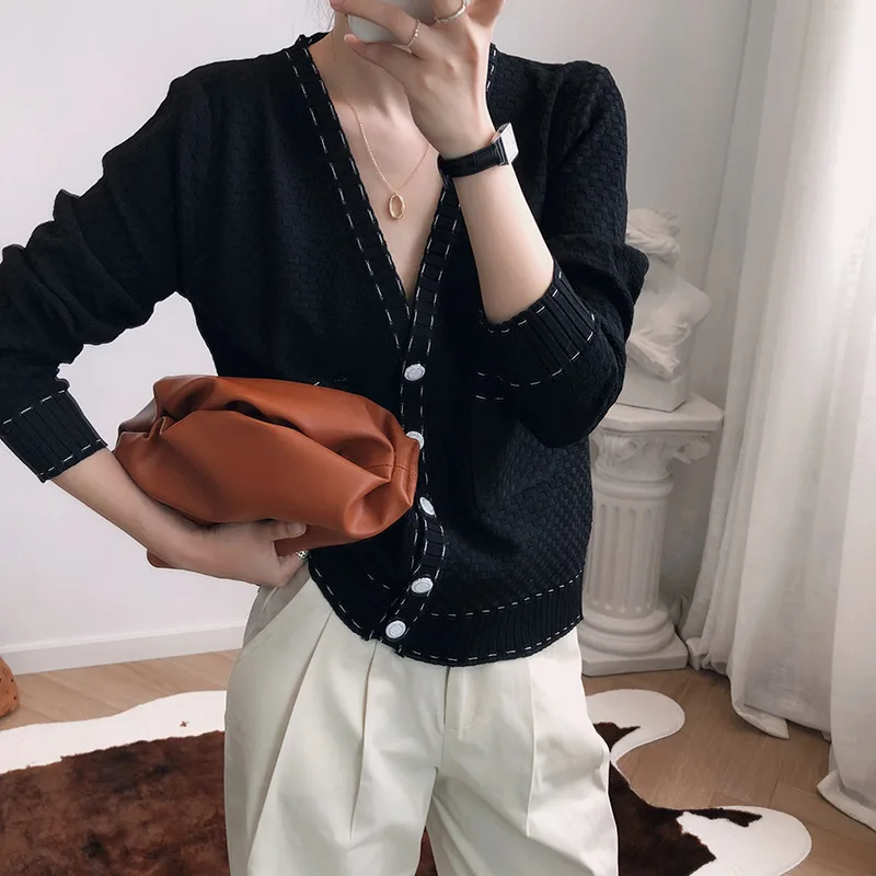 Черный Осень Женский Повседневный свитер вязаный кардиган свободный свитер женский белый свитер - Цвет: Черный