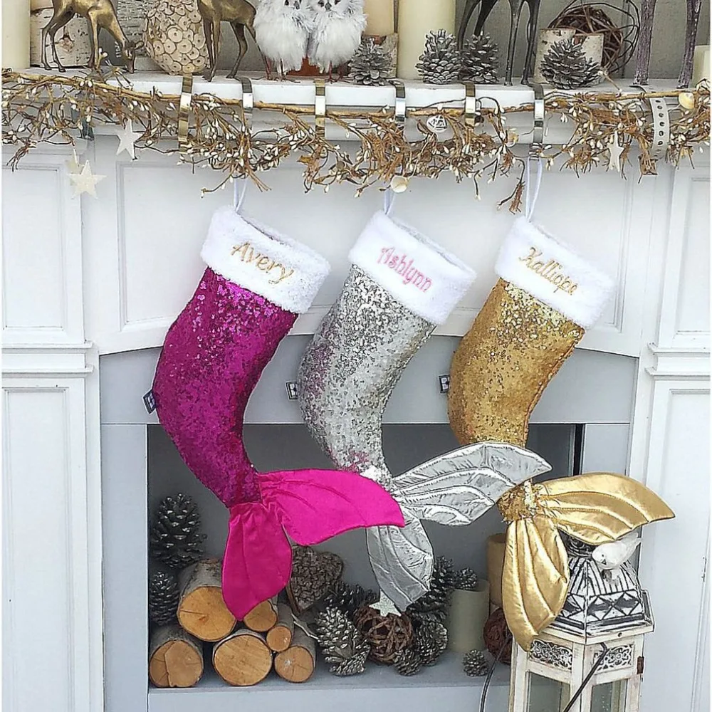 

18-Inch Satin Sequins Fishtail Christmas Stocking Candy Gifts Holder Bag Xmas Tree Hanging Ornaments