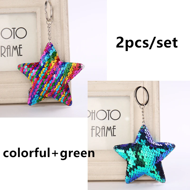 2pcs set 1 Блестящая блестящая цепочка для ключей со звездой и сердцем на день рождения, свадьбу, Рождество, подарок для детей, вечерние игрушки, сувениры для девочек, сумки, украшения, подвески с автомобилем - Цвет: 2pcs set 1