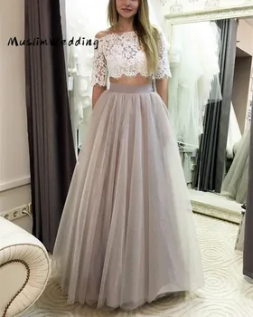 

Crop Top Lace Prom Dresses Two Piece Sexy Silver A Line Short Sleeve Long Evening Dress 2020 Cheap Special Occasion Party Gowns