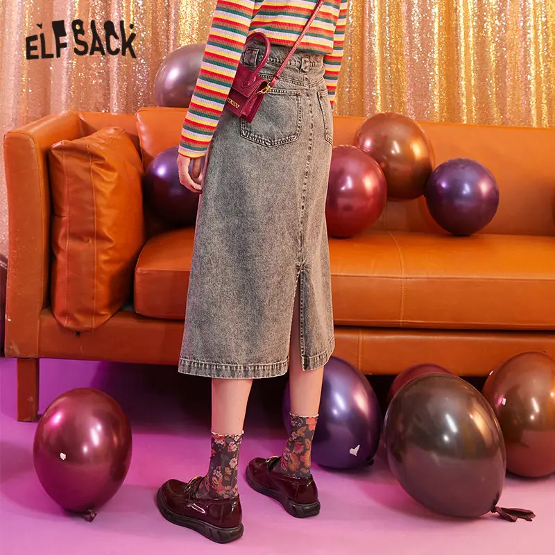 ELFSACK, серые, одноцветные, трапециевидные, на молнии, потертые, женские юбки, осень, натуральная Талия, Корейская, повседневная, офисная, женская, повседневная юбка