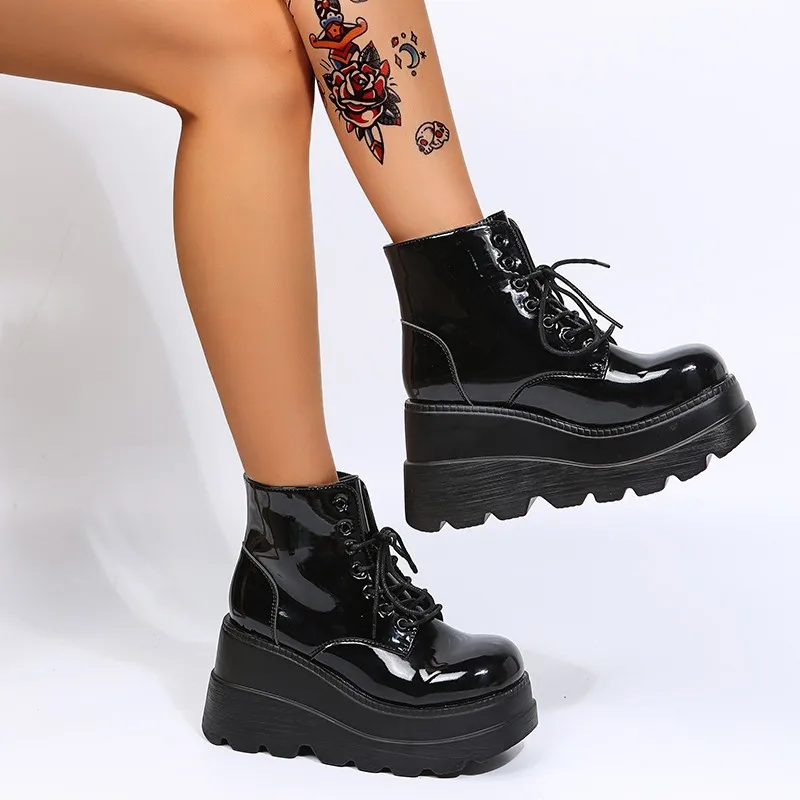 BONJOMARISA New Arrivals Brand Goth Punk Platform High Wedges Zipper Women Boots Cosplay Casual Top Quality Design Ankle Boots