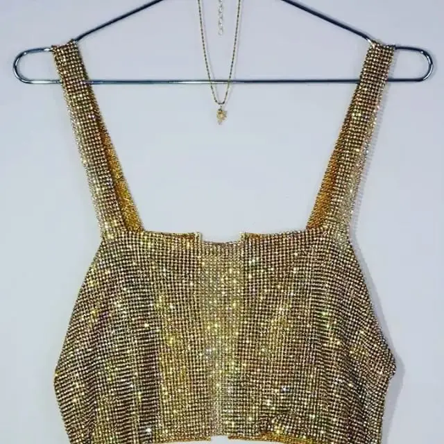 pink camisole 2022 Summer Shiny Crystal Chain Tank Top Silver Metal Mesh Halter Metallic Strap Crop Tops Vest Party Clubwear Outfits half bra