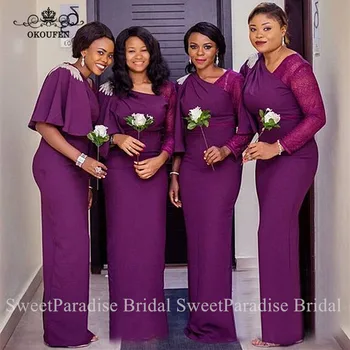 

Middle East Women Purple Bridesmaid Dresses With Beads Ruffles Sheer Lace Long Sleeves Wedding Guest Dress Party Gown