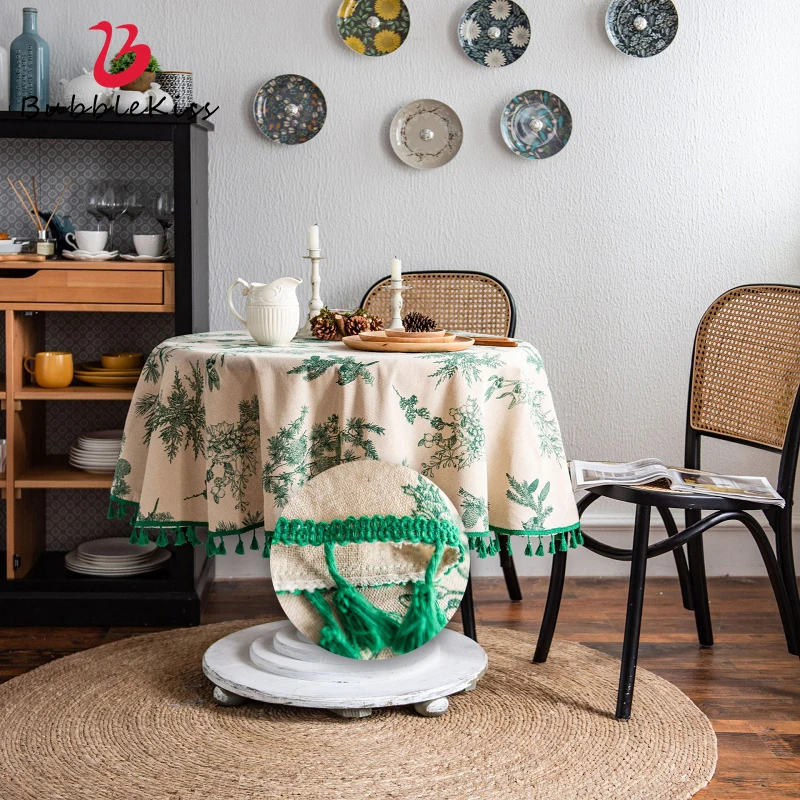 

Bubble Kiss Round 150cm Table Cloth Restaurant Cotton Green Pine Tree Printed Tablecloth Dustproof Table Cover Home Decoration
