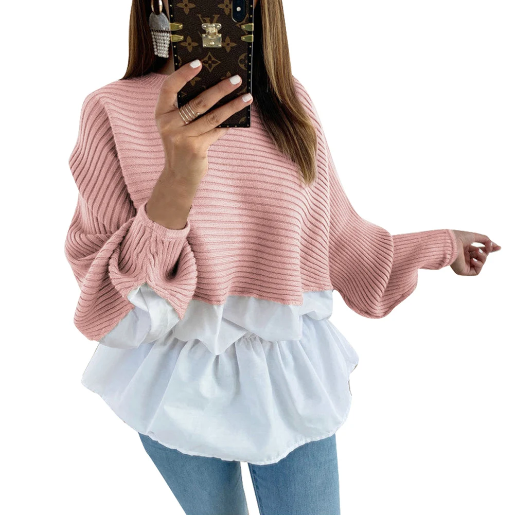 Bohisen winter Fashion sexy color matching irregular stitching sweater Round neck long sleeve tops Elastic waist blouse