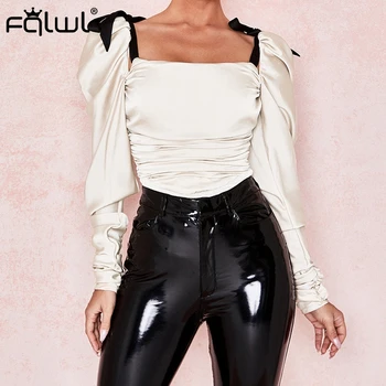 

FQLWL Lace Up Strap Bandage Pleated Sexy Bodysuit Women Tops Summer Romper Ruched Backless Long Sleeve Bodycon Bodysuit Female