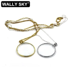 Necklace Magnifier Present Decorative Monocle Necklace Light Weight Hanging Gloden/Silver Coin Magnifying Glass with Metal Chain