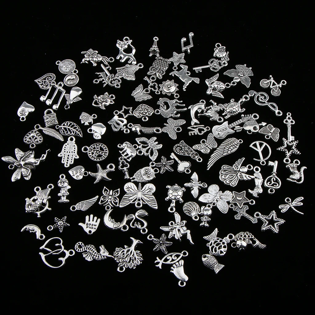 100 Pieces Bulk Wholesale Antique silver color Mixed Style Pendant Jewelry Findings DIY Craft Pendant Jewelry Making