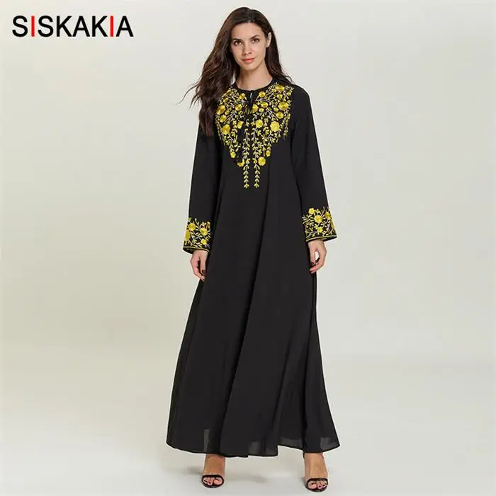 Blacak dress Siskakia мусульманское длинное платье черное Цветочная вышивка длинный рукав платья Короткое элегантное модное арабское платье осень Новинка - Цвет: Blacak dress
