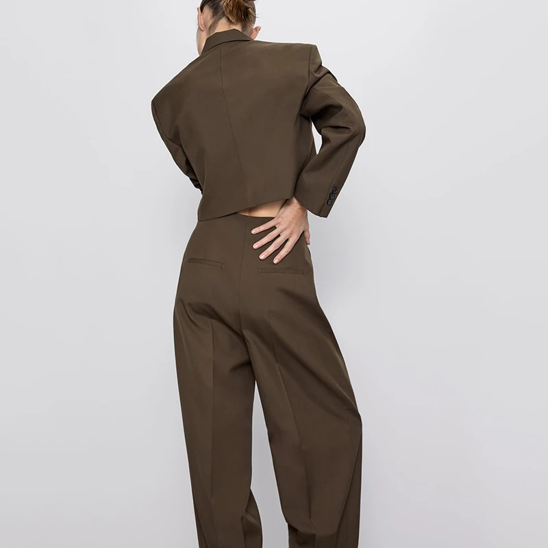 ZA осенний костюм набор Женская мода лацканы короткий длинный рукав однобортный Повседневный пиджак Высокая талия брюки плиссированные брюки