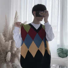 New Fashion College Style Retro Loose Contrast Color Diamond V-neck Sweater Vest Casual Knit Men