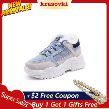 

Krasovki Casual Sneakers Women Winter Plush Fur Keep Warm Sneakers Women Shoes Lace Up Female Comrfortable Shoes Fashion Women