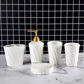 

Geometric Ceramic Bathroom Decoration Accessories Toothpaste Dispenser Lotion Bottle Toothbrush Holder Soap Box Mouthwash Cup