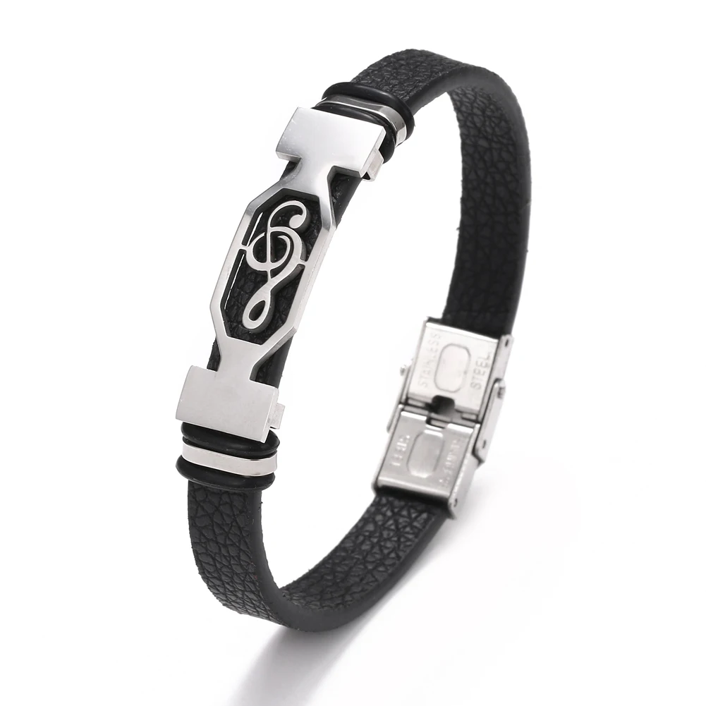 Trend Glamour Jewelry Classical Stainless Steel Music Symbol Bracelet Leather Cuff Bracelet Men And Women Pulsera Hombre bracelet jewelry