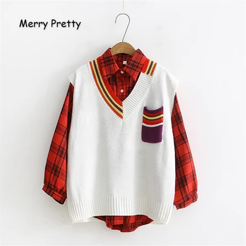 

Merrt Pretty Women's Sets Plaid Turndown Collar Long Sleeve Blouses And V-Neck Pocket Sleeveless Knitted Tank 2019 Two Piece Set