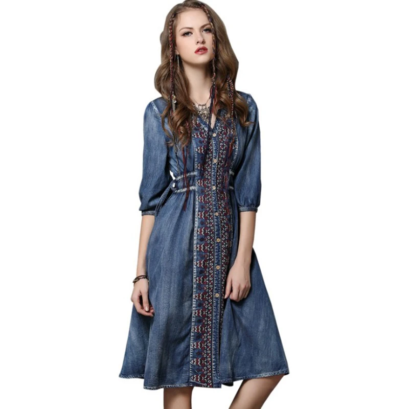 

New Large Size Denim Dress Drawstring Drawstring Sleeve Dress Women's Casual Vintage Lantern Sleeve Embroidered V-neck Dress
