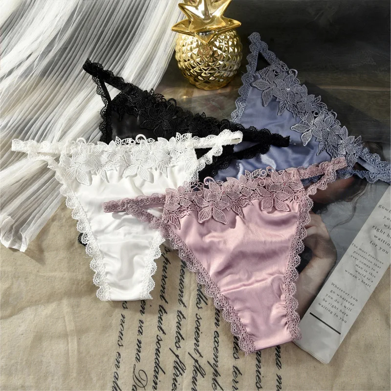 

Floral Embroidered Satin Lace Women Panties Lingerie Sexy Hollow G-String Underwear Breathable Seamless Female Briefs Thong