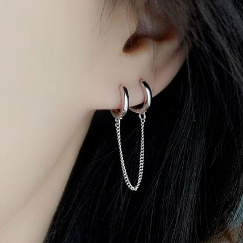 

Sterling 925 Silver Two Ear Hole Circle Chain Stud Earrings Advanced Elegant Line Long Earrings for Women 2019 Office Jewelry