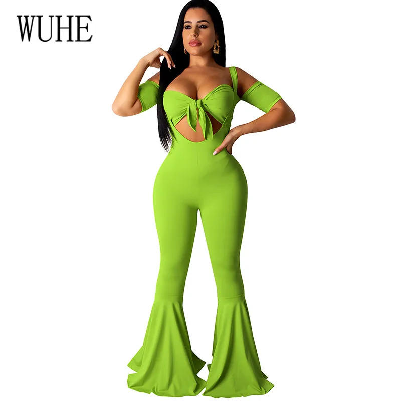 

WUHE Sexy Wrapped Chest Bib Casual Two Pieces Sets Boot Cut Jumpsuits Elegant Lace-up Bodycon Bandage Playsuits Long Rompers