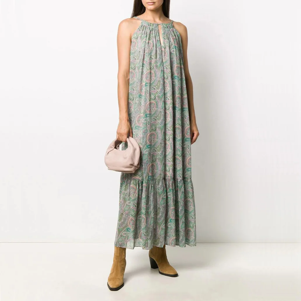 UK Boho Paisley Print Cut-Shoulder Halter Maxi Dress Retro Tieneck Graphic A-Line Dropped Waist Loose Oversized Vacay Beach Gown | Женская