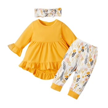 

Baby Girl Clothes Three Piece Long Sleeved Trousers Hair Band Solid Color Girls Dress Floral Print Pants Spring And Autumn