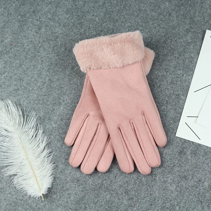 Новые зимние женские замшевые перчатки с сенсорным экраном, перчатки с искусственным кроличьим мехом на запястье, толстые теплые шерстяные варежки, перчатки на палец - Цвет: pink