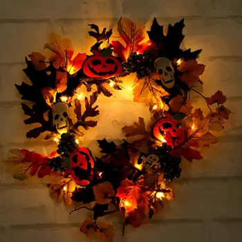 

Halloween Artificial Pumpkin Wreath Light String Garland Autumn Harvest Maple Leaf Front Door Garland Thanksgiving Decoration #