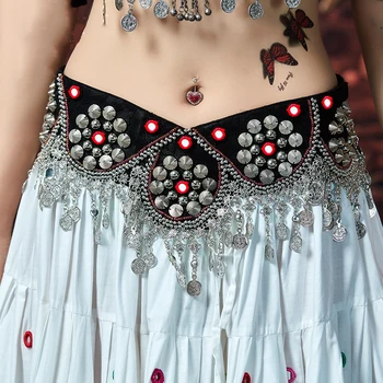 

ATS Women Belly Dance Belt Adjustable Tribal Waist Hip Scarf Metal Coins Chain Belt with Magic Sticker Antique Bronze Beads
