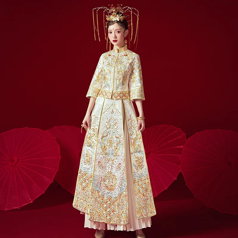 Винтаж шампанское Cheongsam современный китайский традиционный свадебное платье для женщин Vestido восточные воротники элегантные длинные Qi Pao