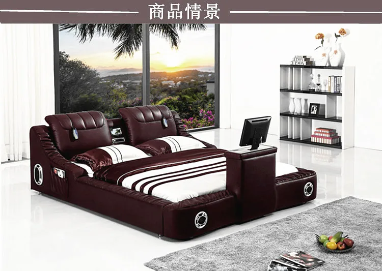 

Real Genuine leather bed TV Soft Beds Bedroom camas lit muebles de dormitorio yatak mobilya quarto massage speaker bluetooth